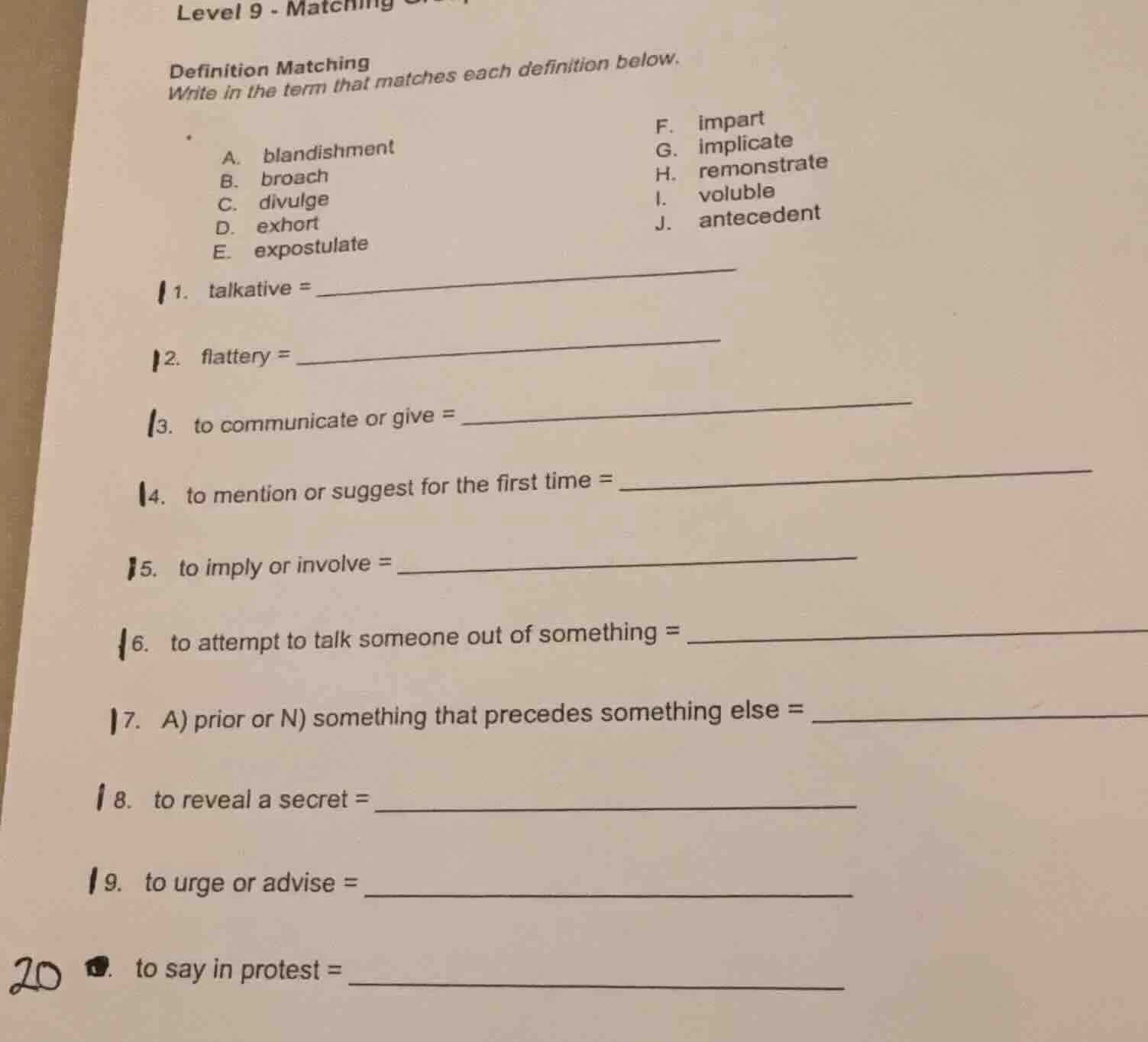 level 9 - matching definition matching write in the term that matches e…