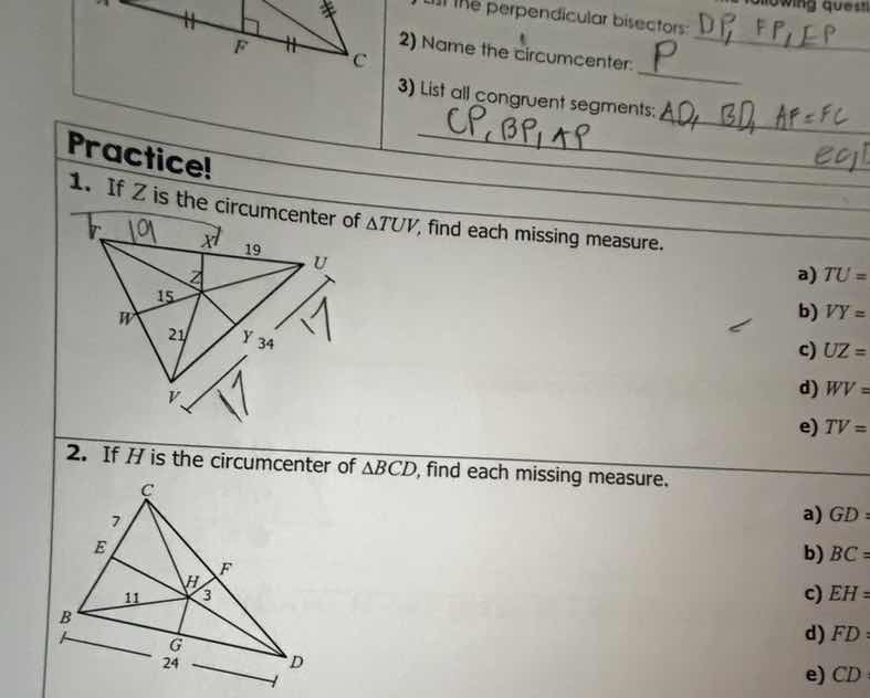 practice! 1. if z is the circumcenter of $\\triangle tuv$, find each mi…