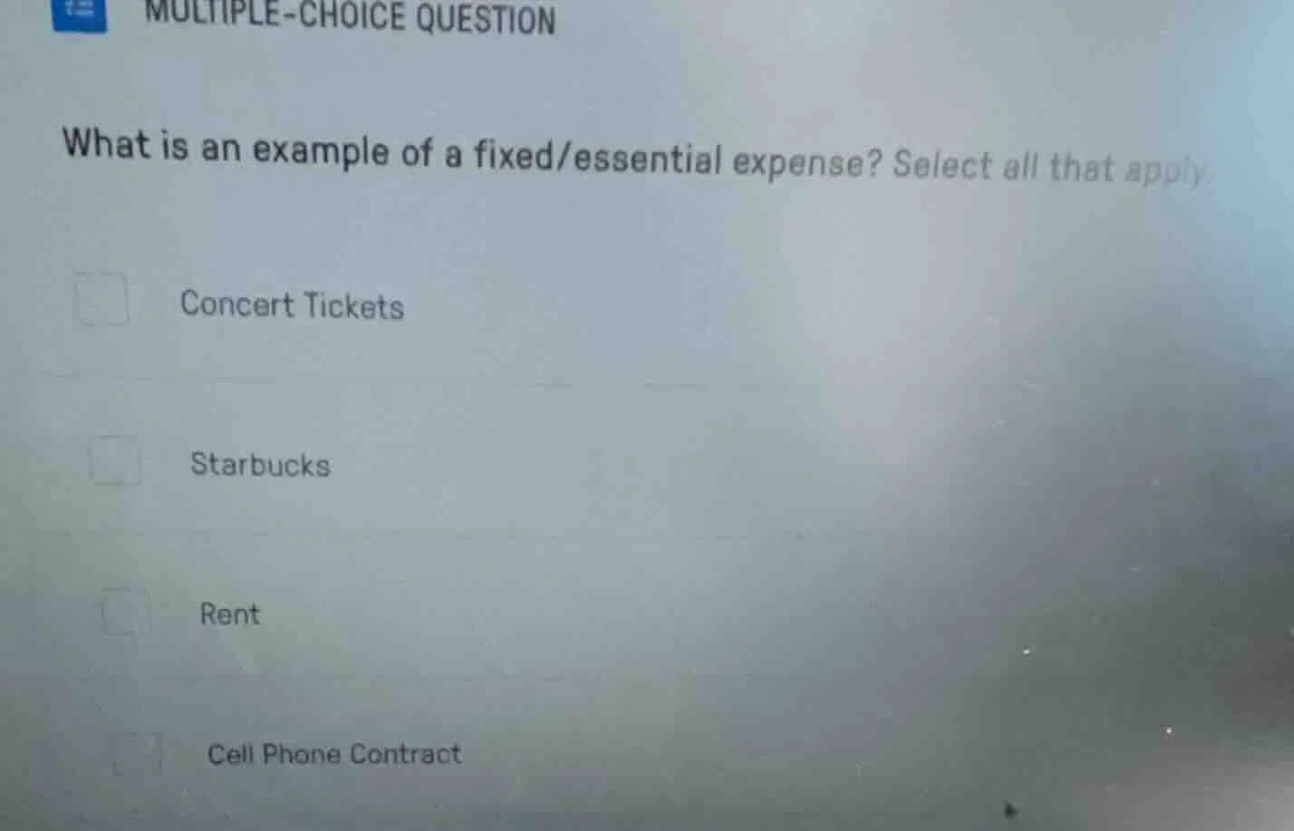 multiple-choice question what is an example of a fixed/essential expens…