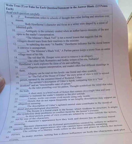 write true (t) or false for each question/statement in the answer blank…