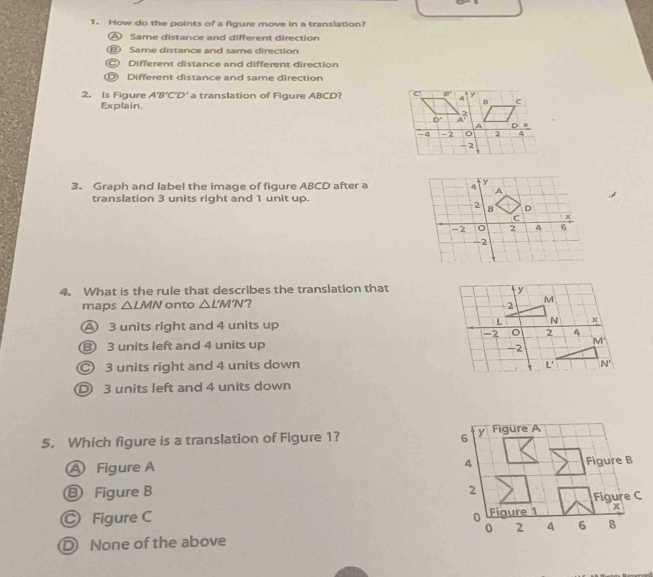 1. how do the points of a figure move in a translation? a same distance…