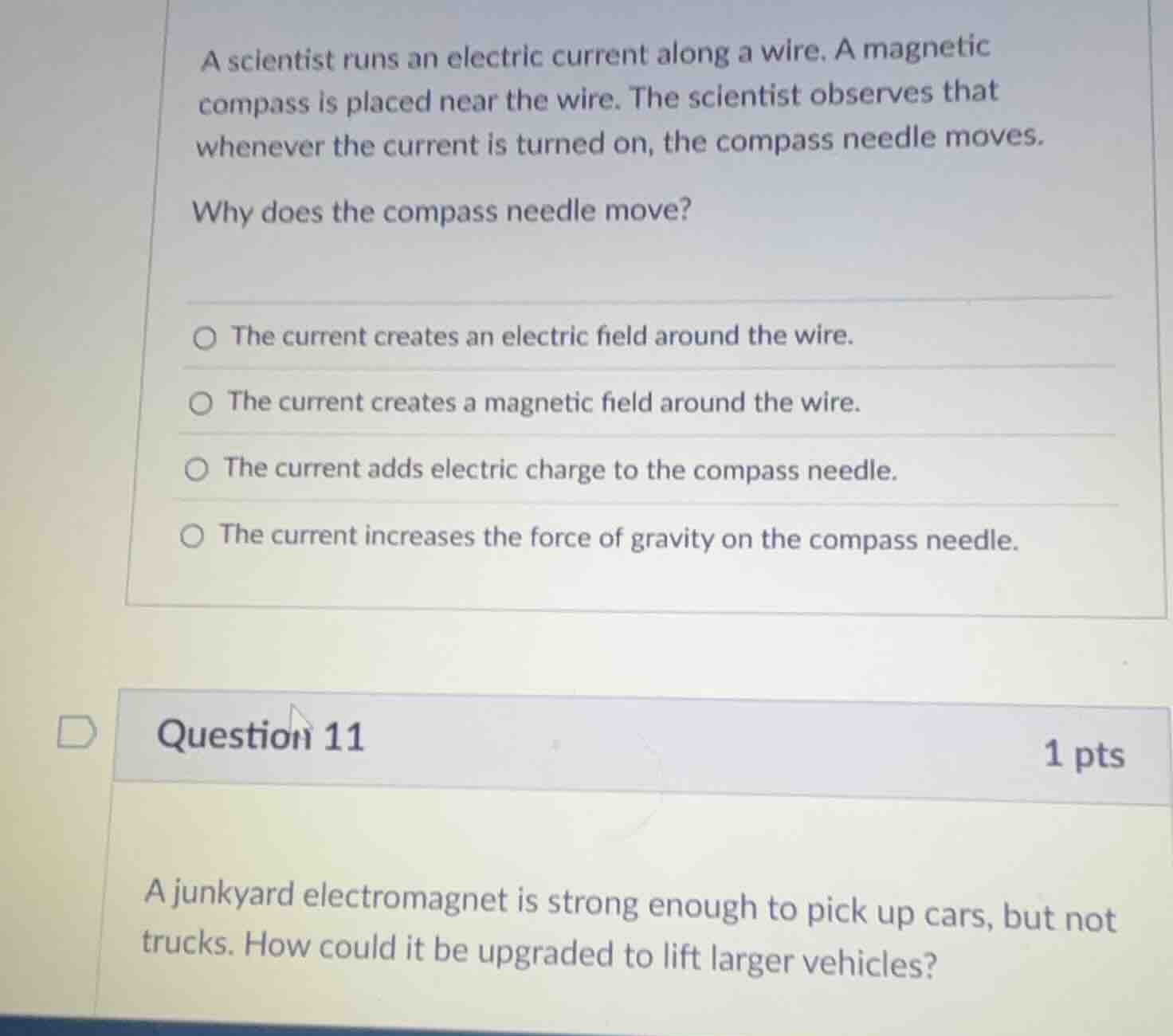 a scientist runs an electric current along a wire. a magnetic compass i…