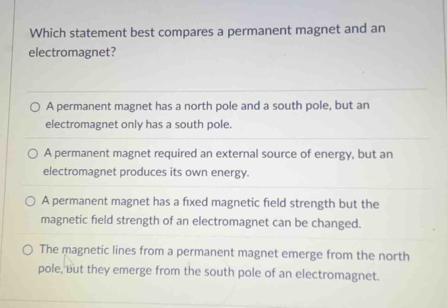 which statement best compares a permanent magnet and an electromagnet? …