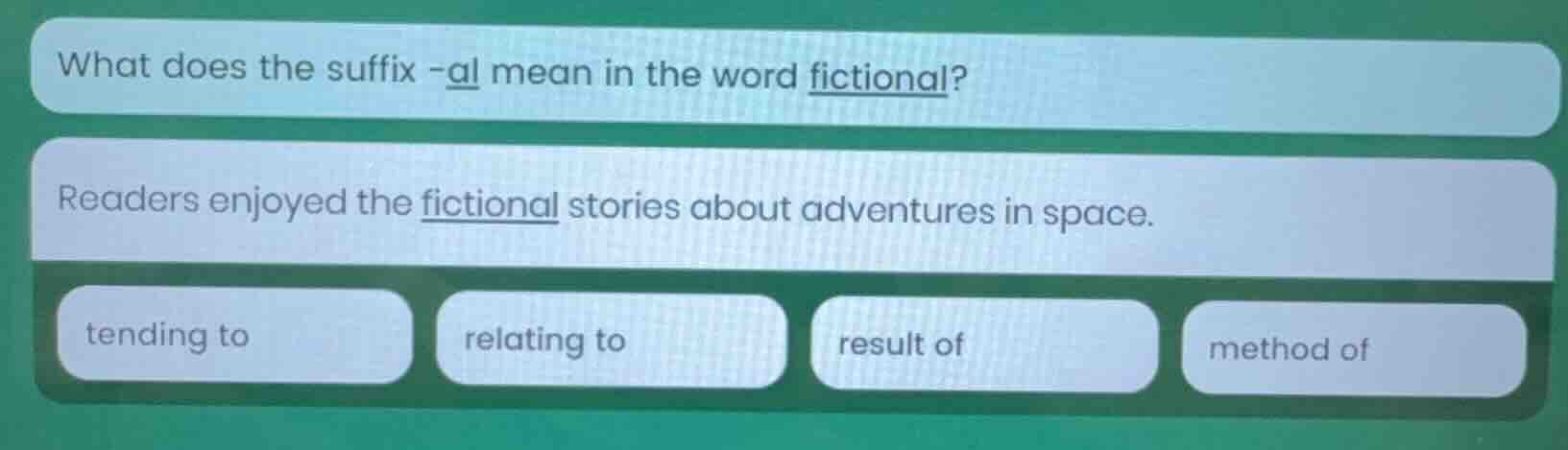 what does the suffix -al mean in the word fictional? readers enjoyed th…