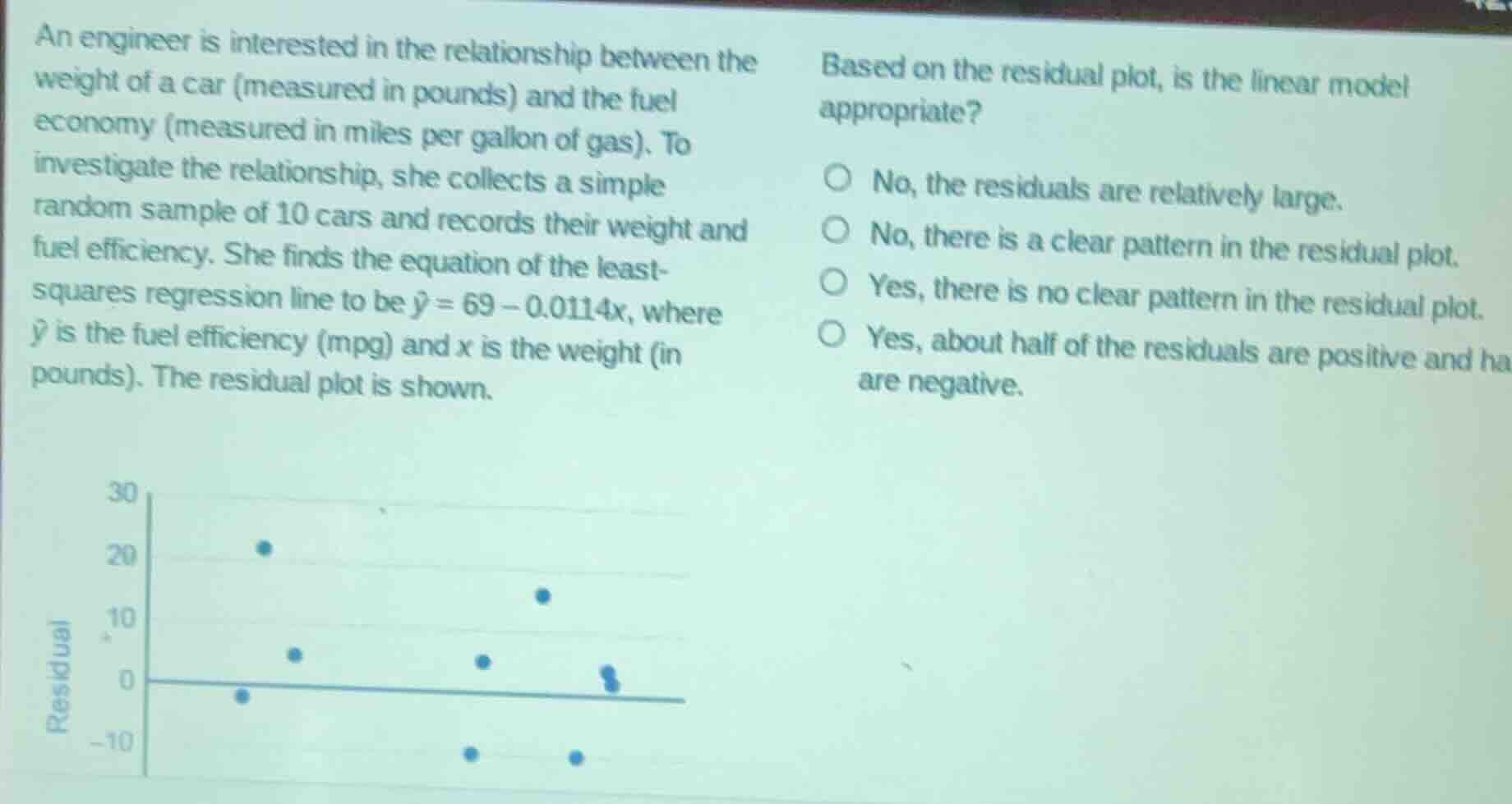 an engineer is interested in the relationship between the weight of a c…
