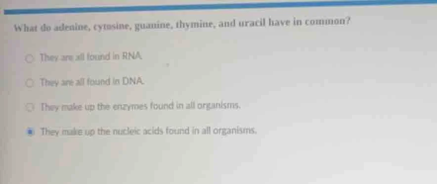 what do adenine, cytosine, guanine, thymine, and uracil have in common?…