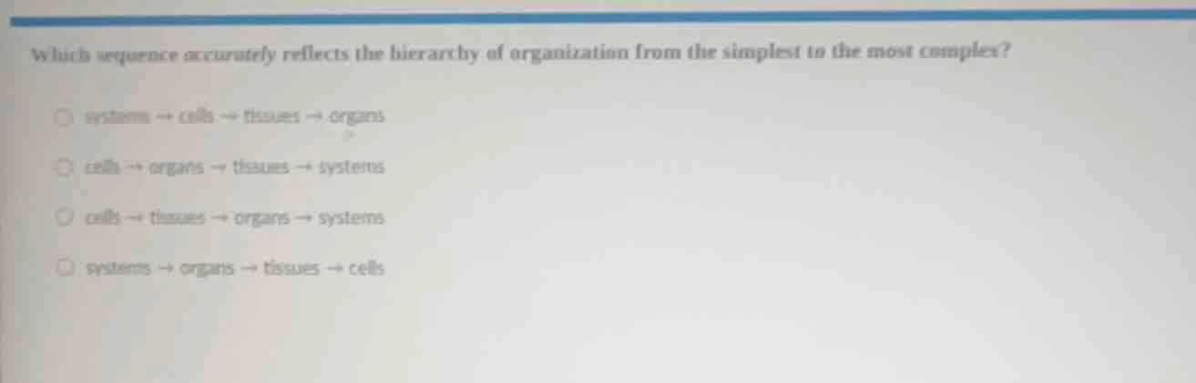 which sequence accurately reflects the hierarchy of organization from t…