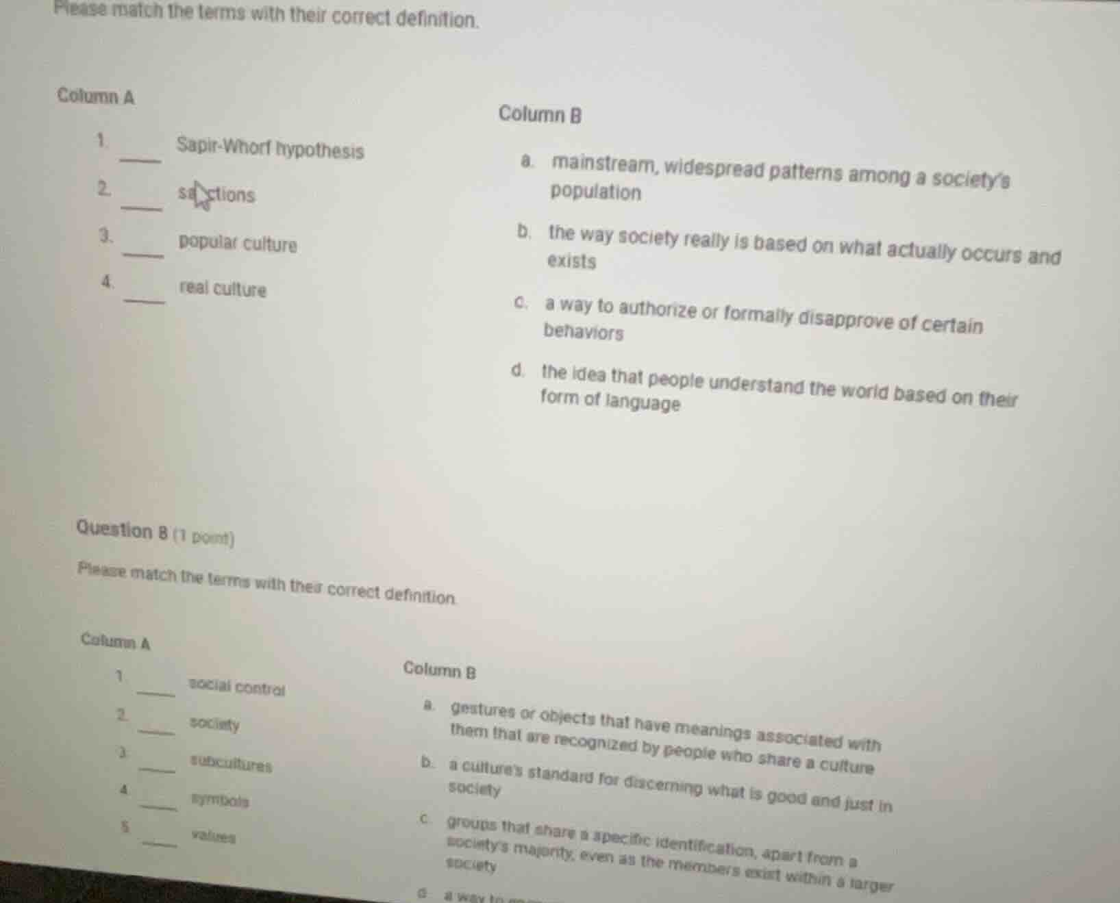 please match the terms with their correct definition. column a 1. ____ …