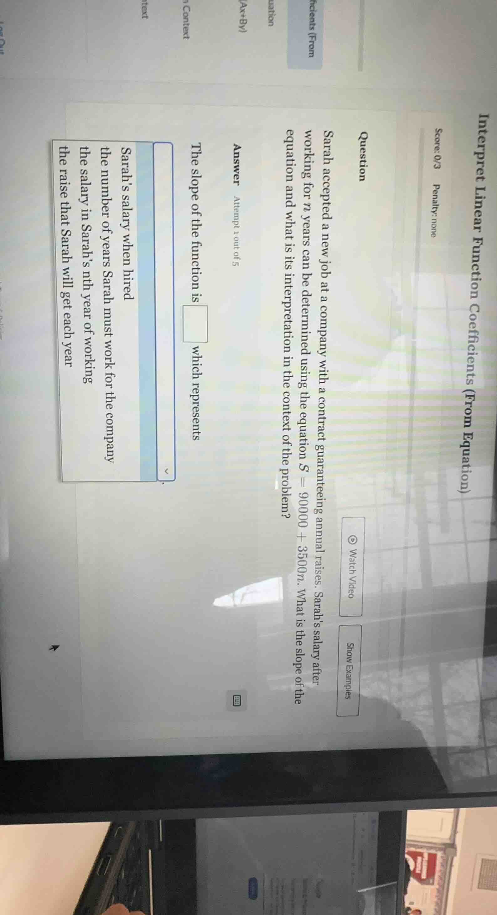 interpret linear function coefficients (from equation) score: 0/3 penal…