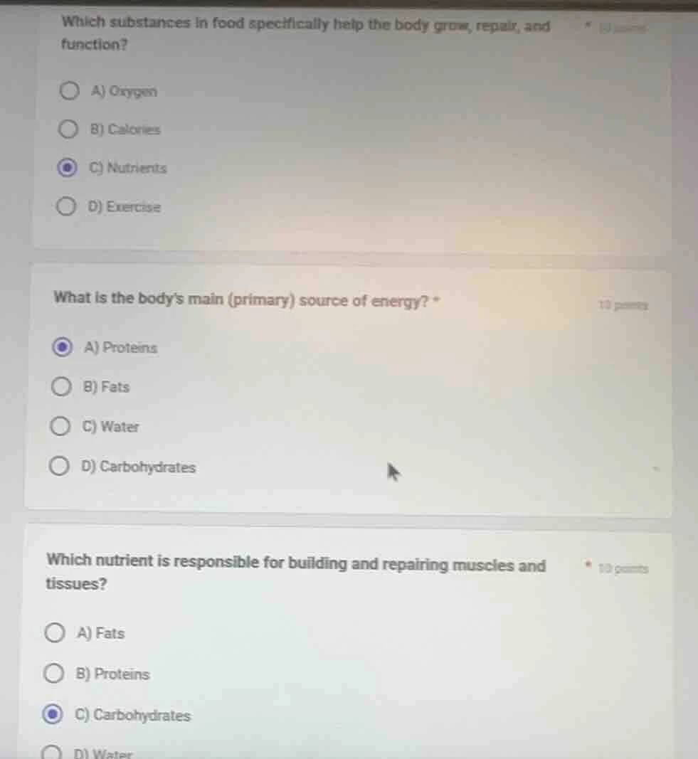 which substances in food specifically help the body grow, repair, and f…