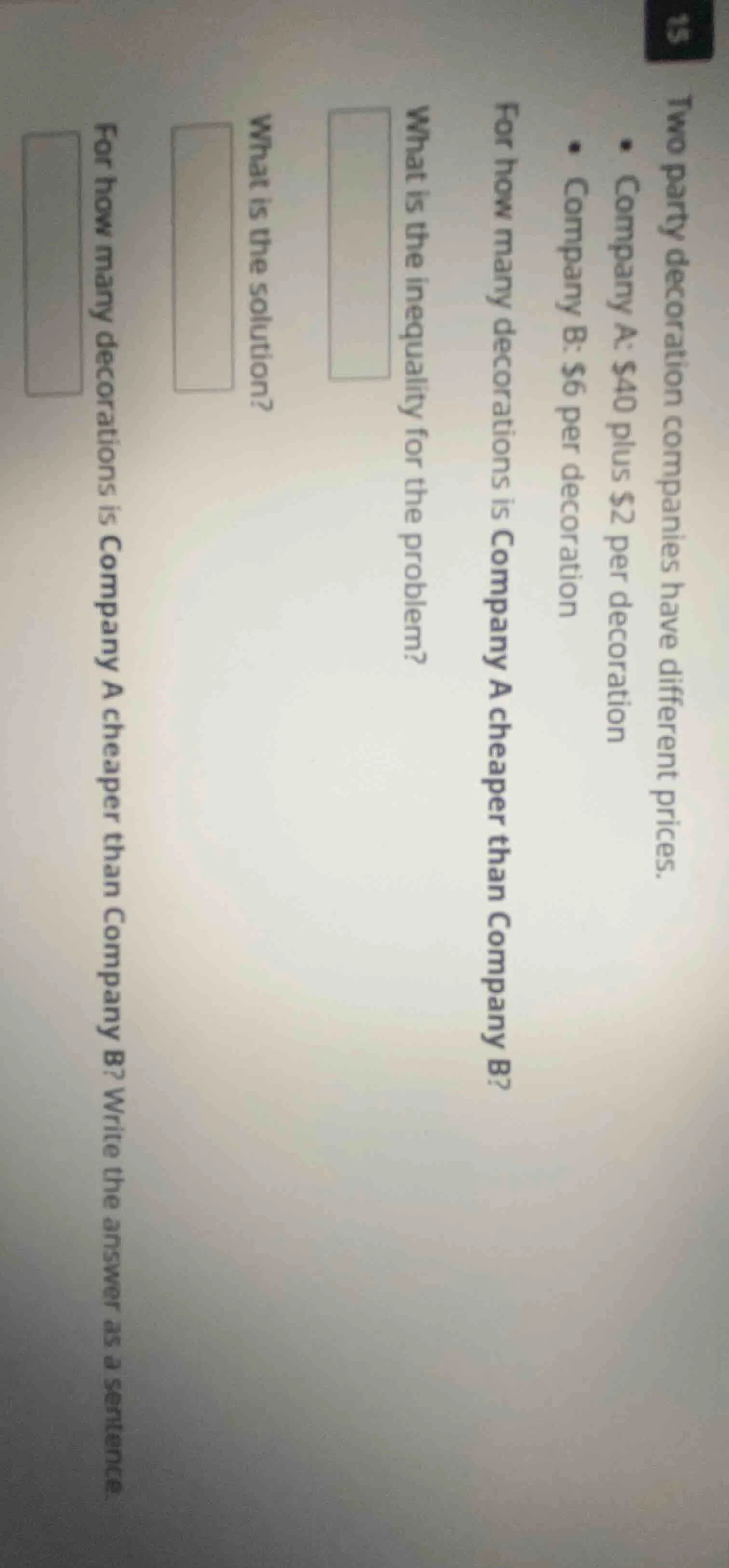 two party decoration companies have different prices. - company a: $40 …