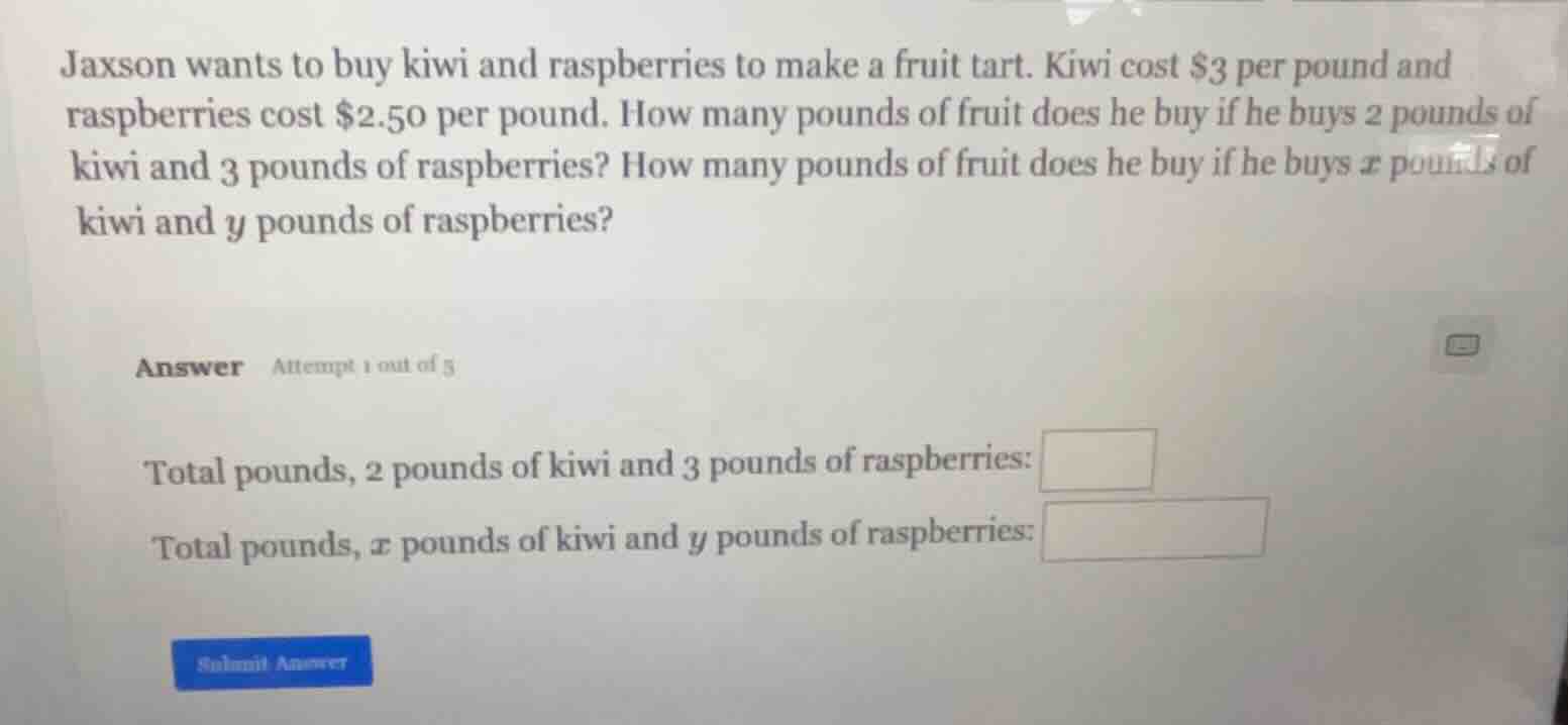 jaxson wants to buy kiwi and raspberries to make a fruit tart. kiwi cos…