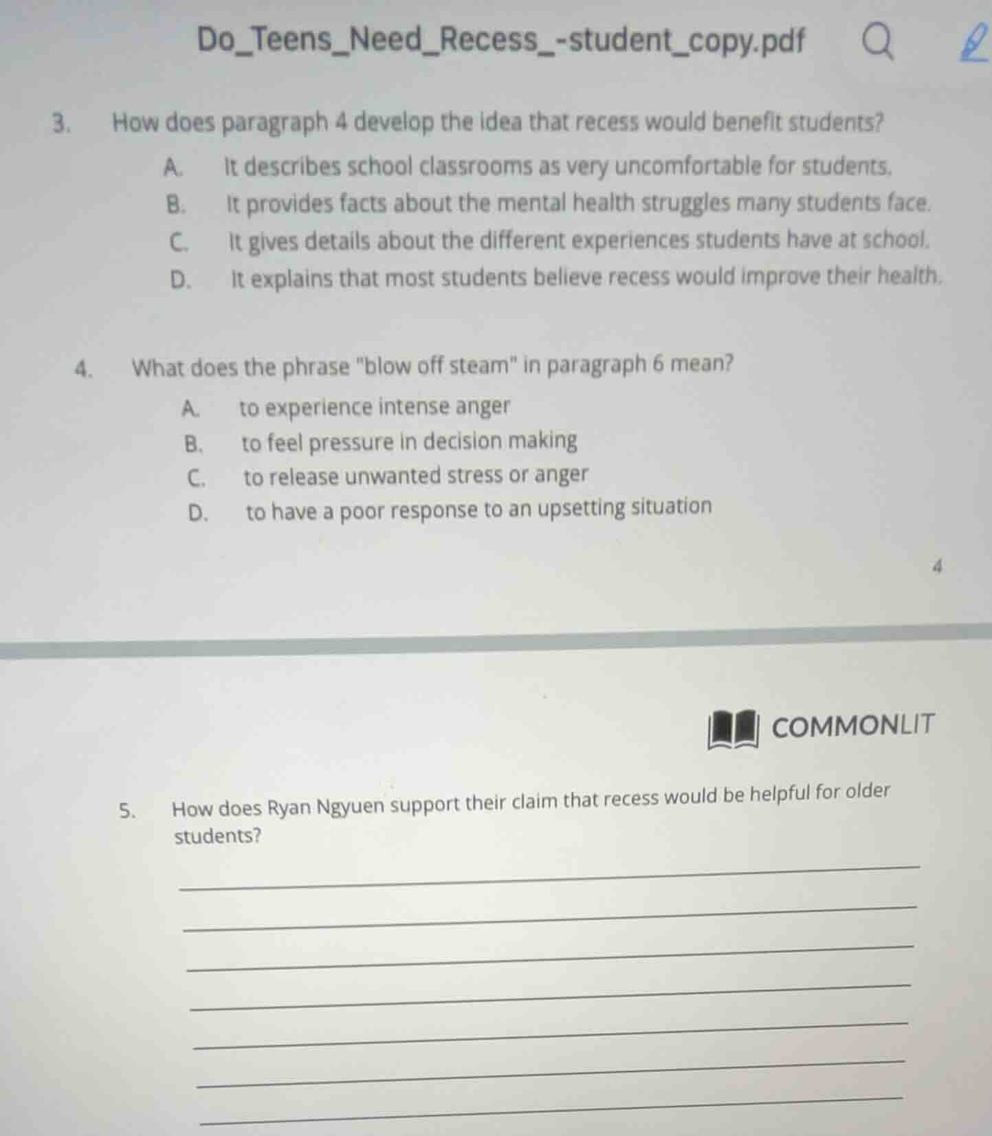 3. how does paragraph 4 develop the idea that recess would benefit stud…