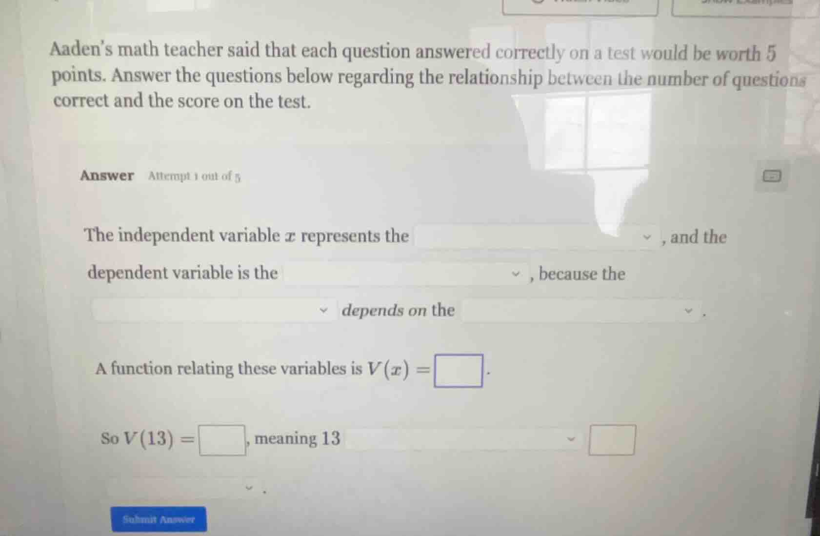 aaden’s math teacher said that each question answered correctly on a te…