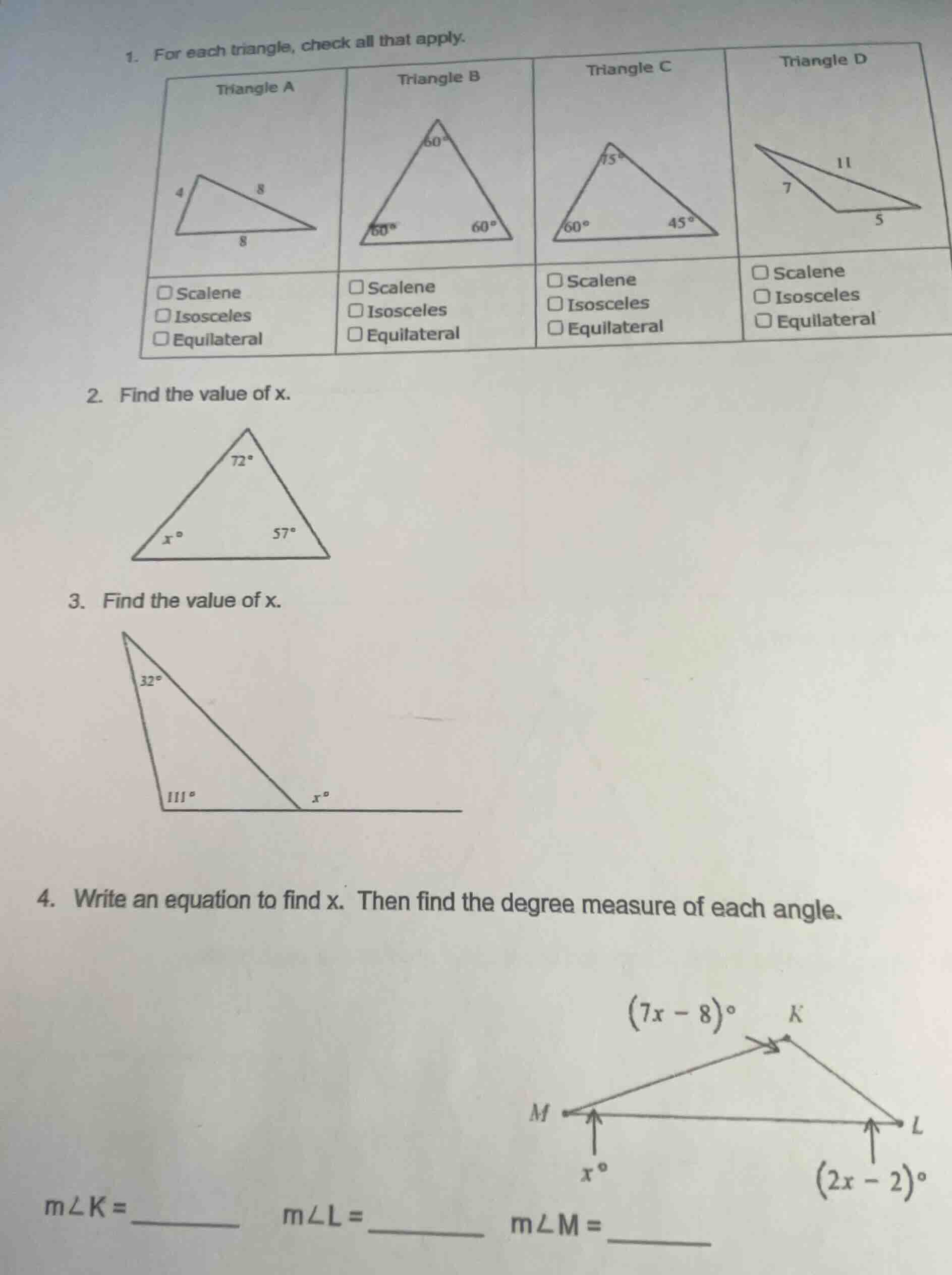 1. for each triangle, check all that apply. triangle a triangle b trian…