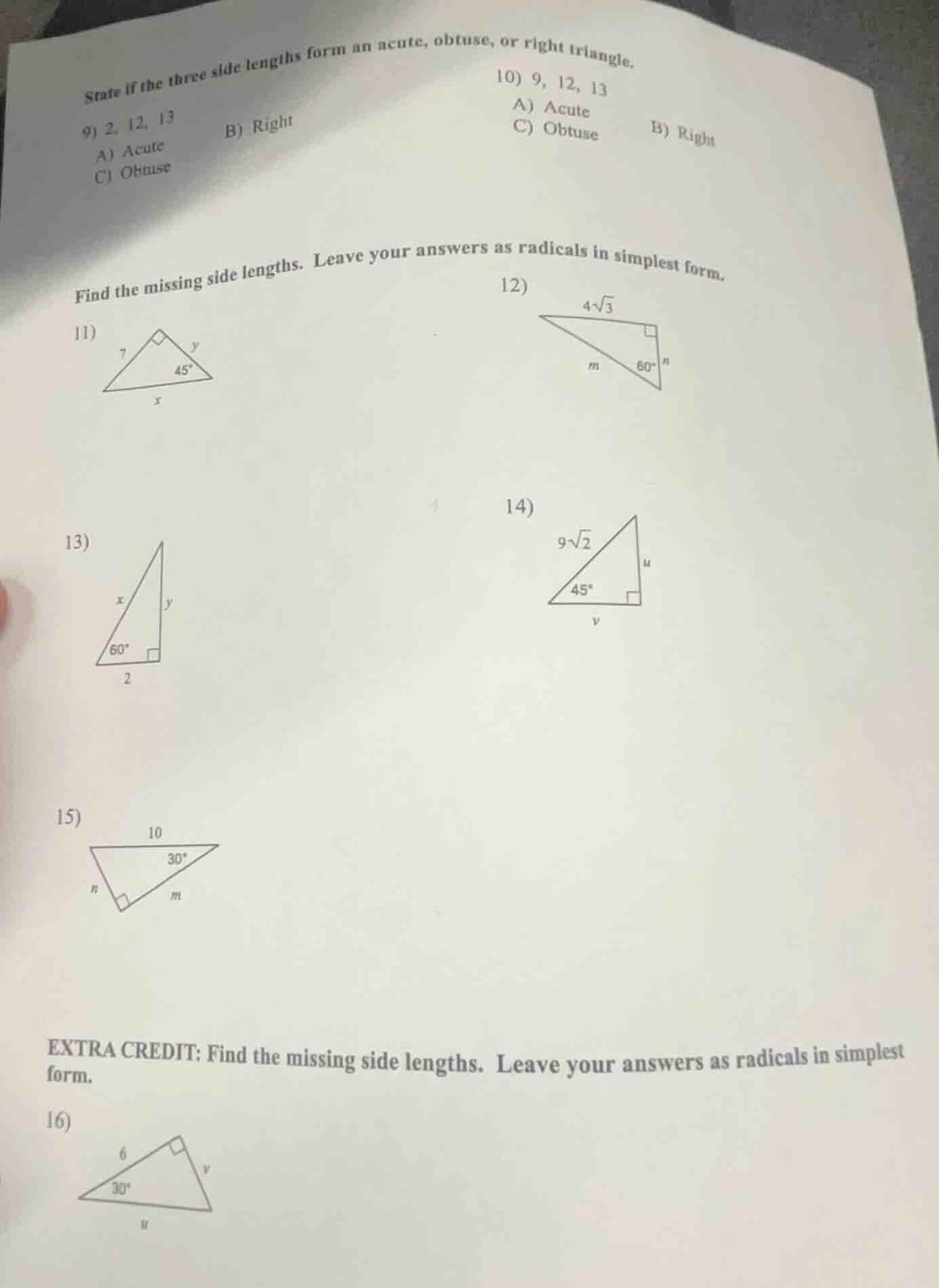 state if the three side lengths form an acute, obtuse, or right triangl…