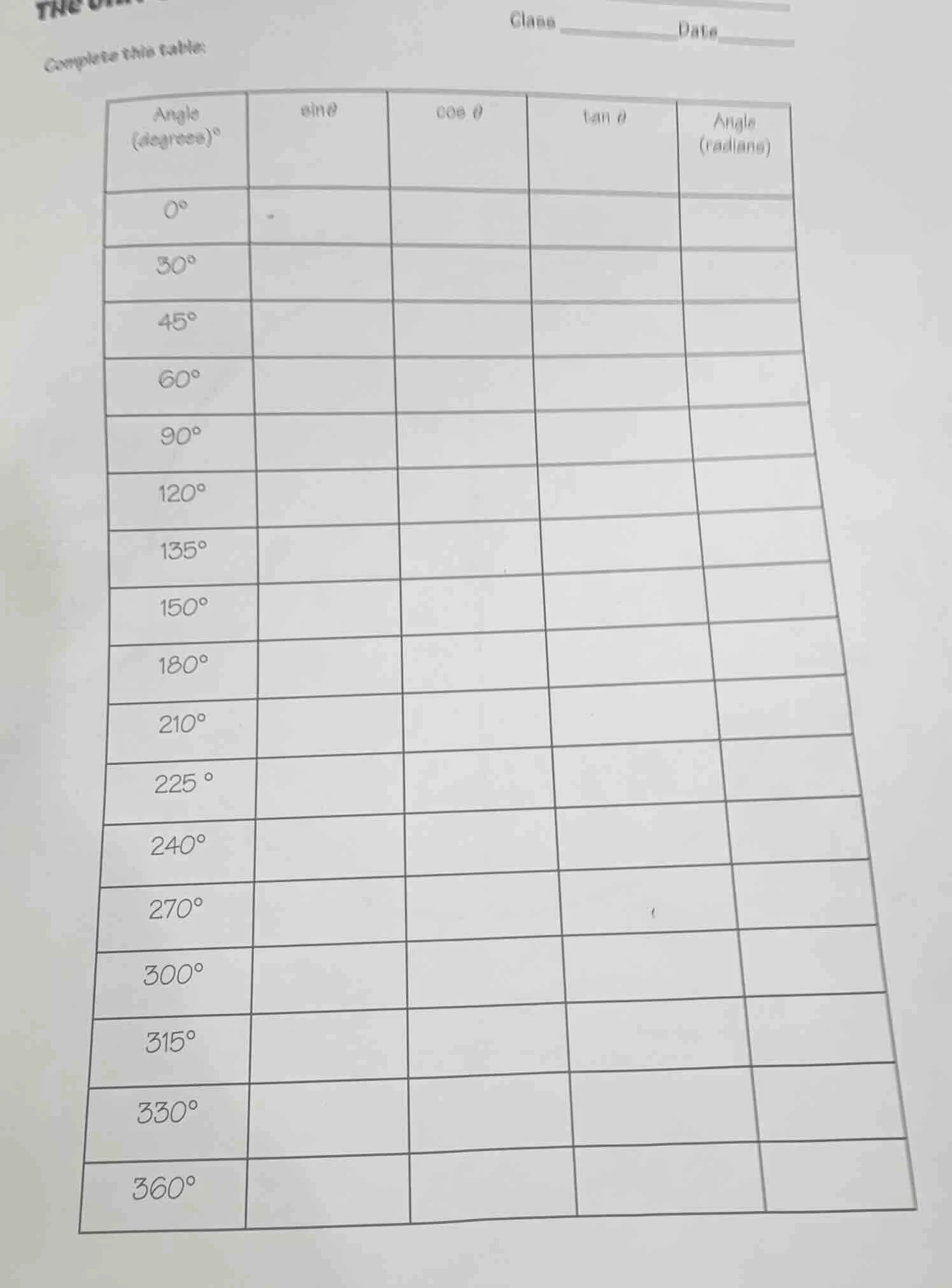complete this table: | angle (degrees)° | $sin\\theta$ | $cos\\theta$ |…