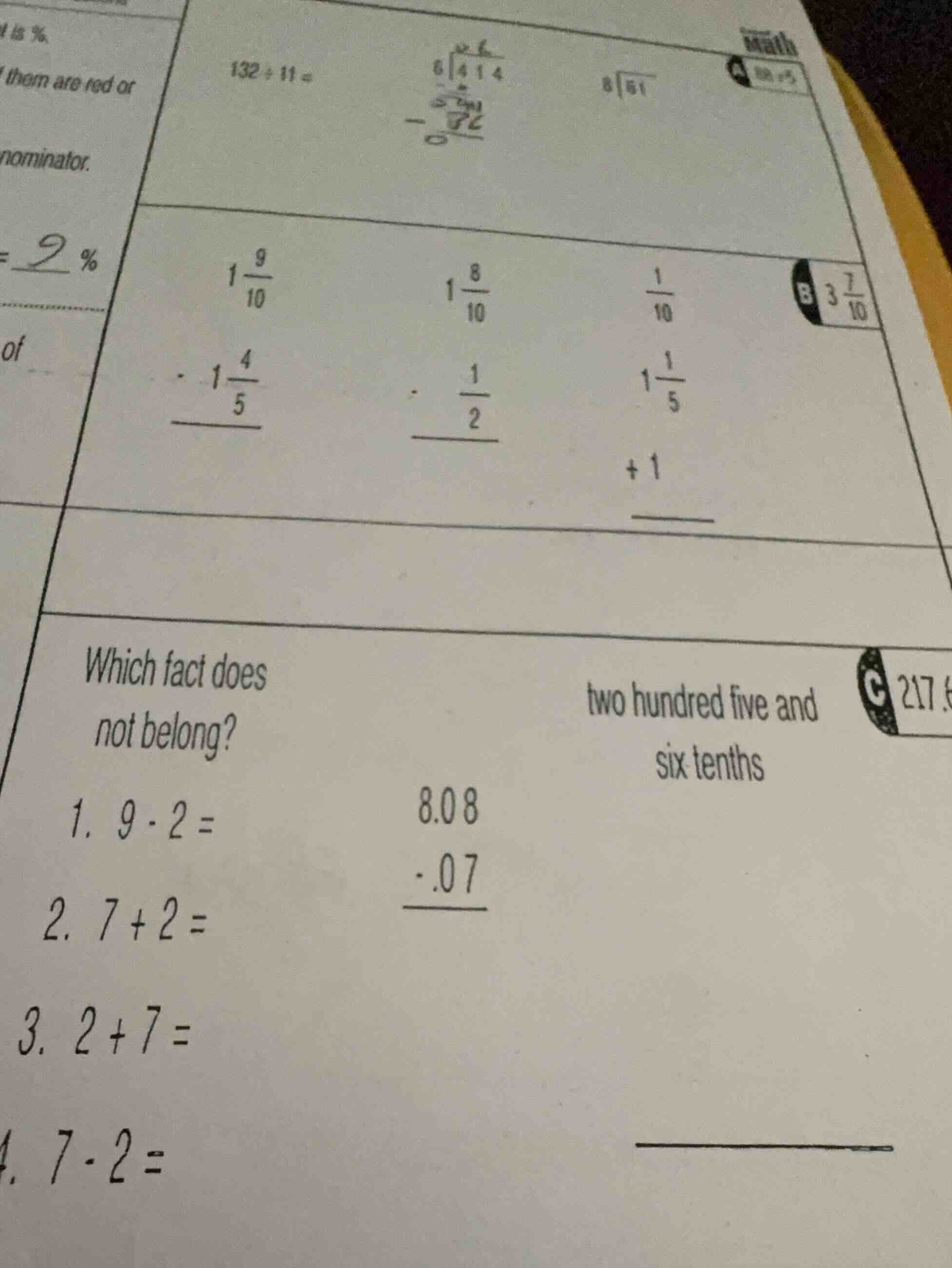 132 ÷ 11 = ( 1\frac{9}{10} ) ( - 1\frac{4}{5} ) ( overline{quadquad} ) …