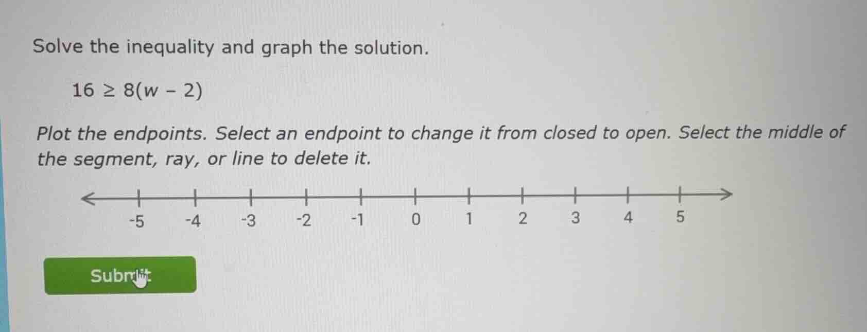 solve the inequality and graph the solution. 16 ≥ 8(w - 2) plot the end…