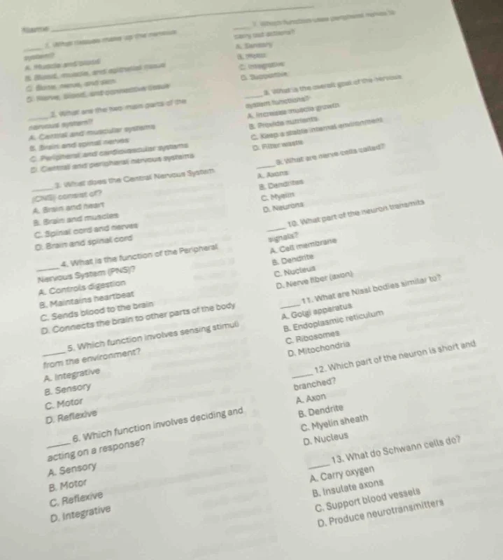 name: ______ 1. what tissues make up the nervous system? a. muscle and …