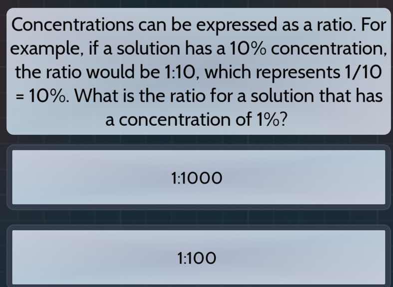 concentrations can be expressed as a ratio. for example, if a solution …