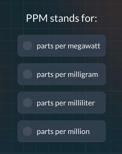 ppm stands for: parts per megawatt parts per milligram parts per millil…