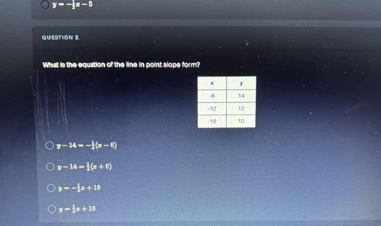 question 2. what is the equation of the line in point slope form? x | y…