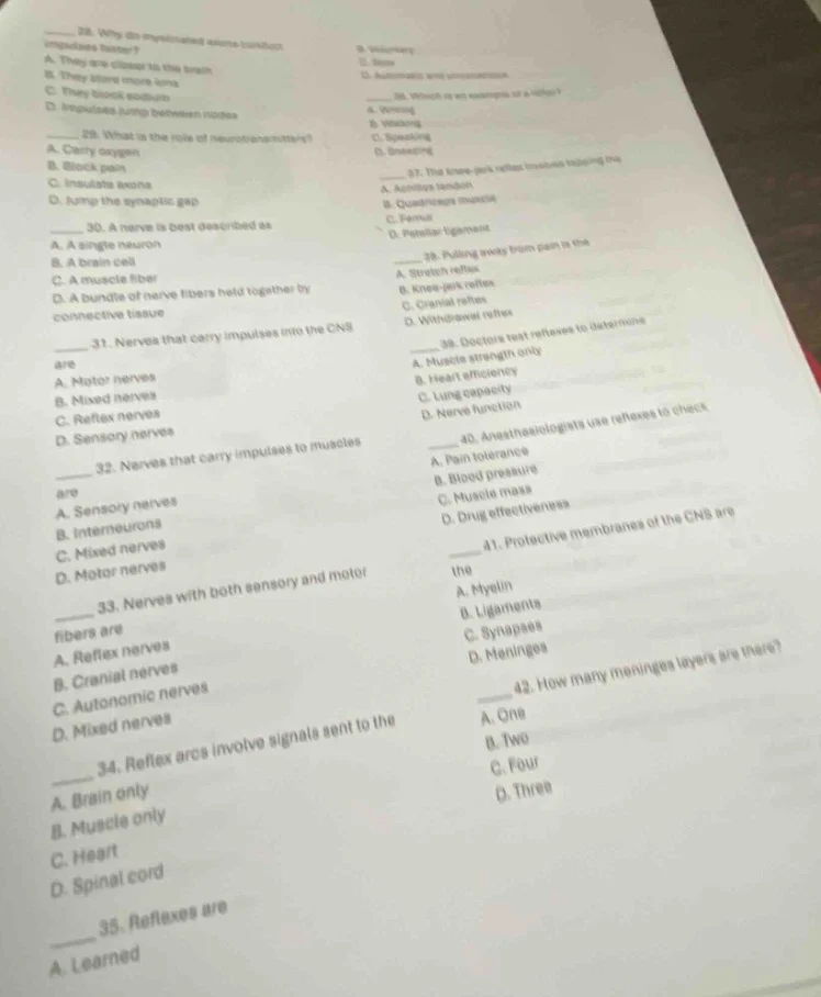 28. why do myelinated axons conduct impulses faster? a. they are closer…