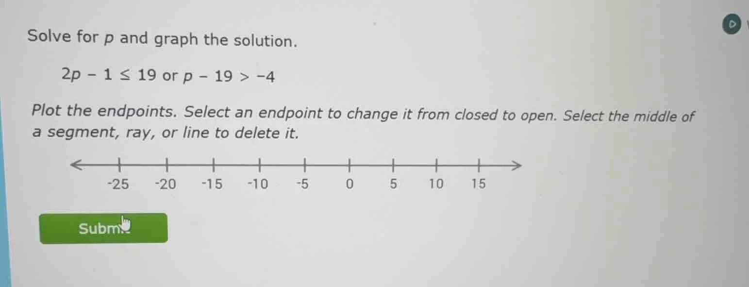 solve for p and graph the solution. 2p - 1 ≤ 19 or p - 19 > -4 plot the…