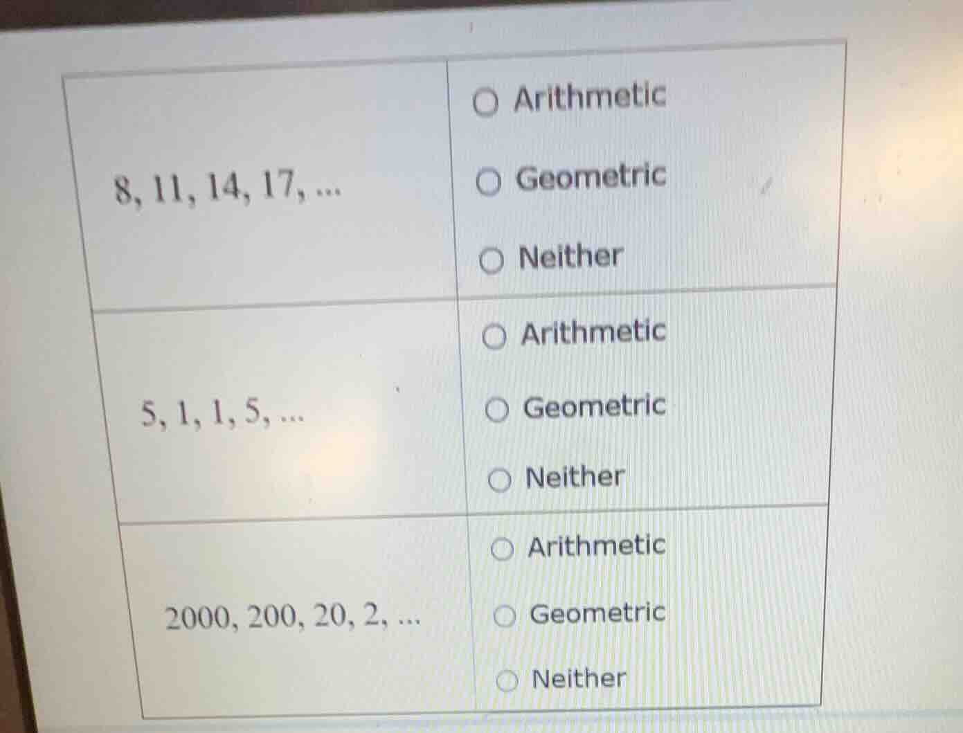 8, 11, 14, 17, ... ○ arithmetic ○ geometric ○ neither 5, 1, 1, 5, ... ○…