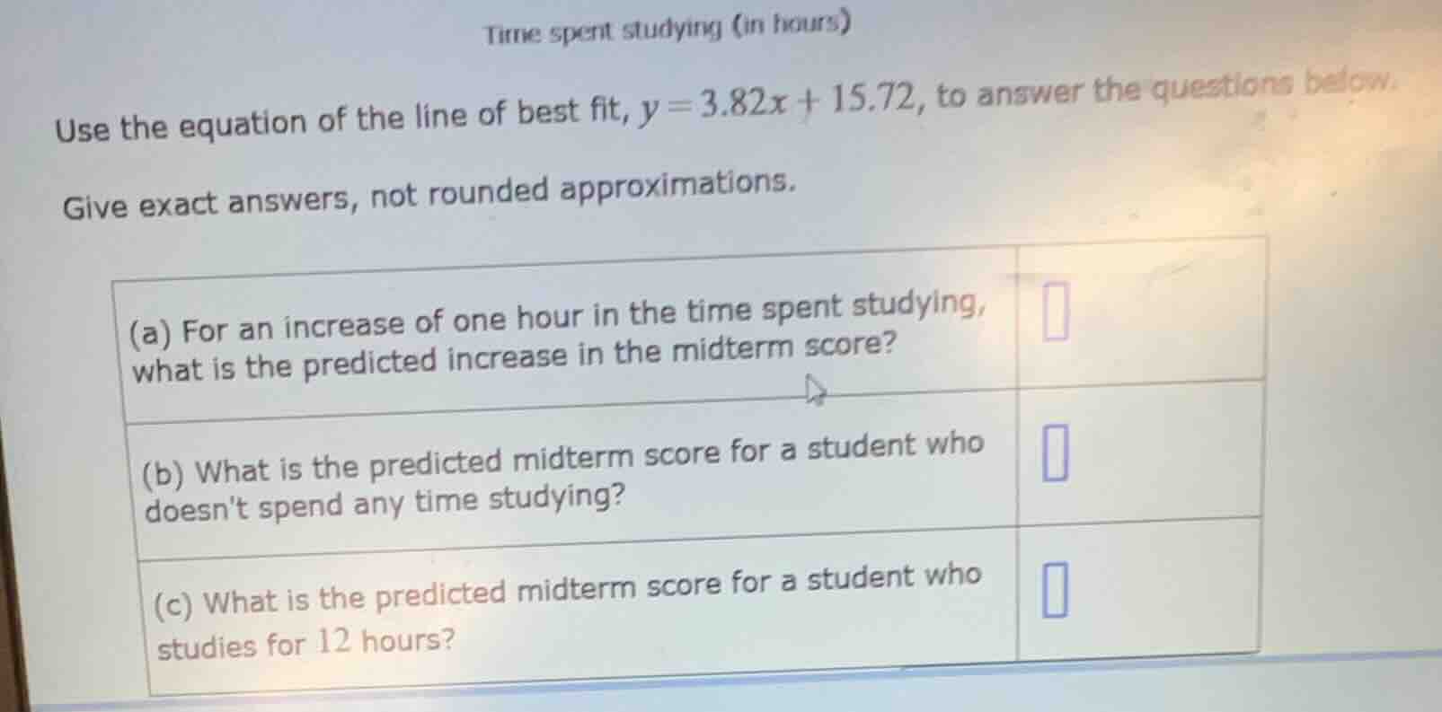 time spent studying (in hours) use the equation of the line of best fit…