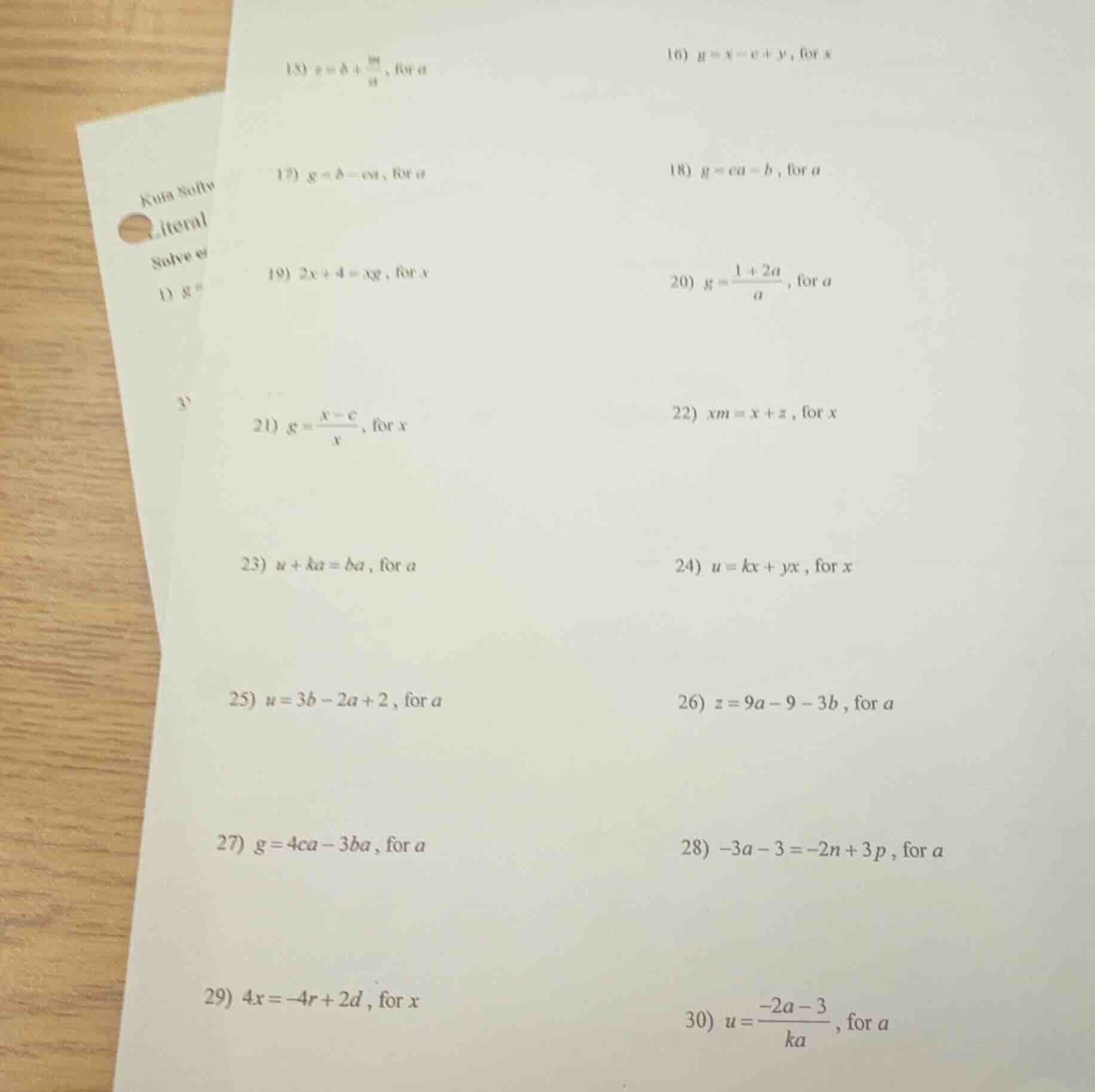 15) $g = b + \\frac{m}{a}$, for $a$ 16) $g = x - c + y$, for $x$ 17) $g…