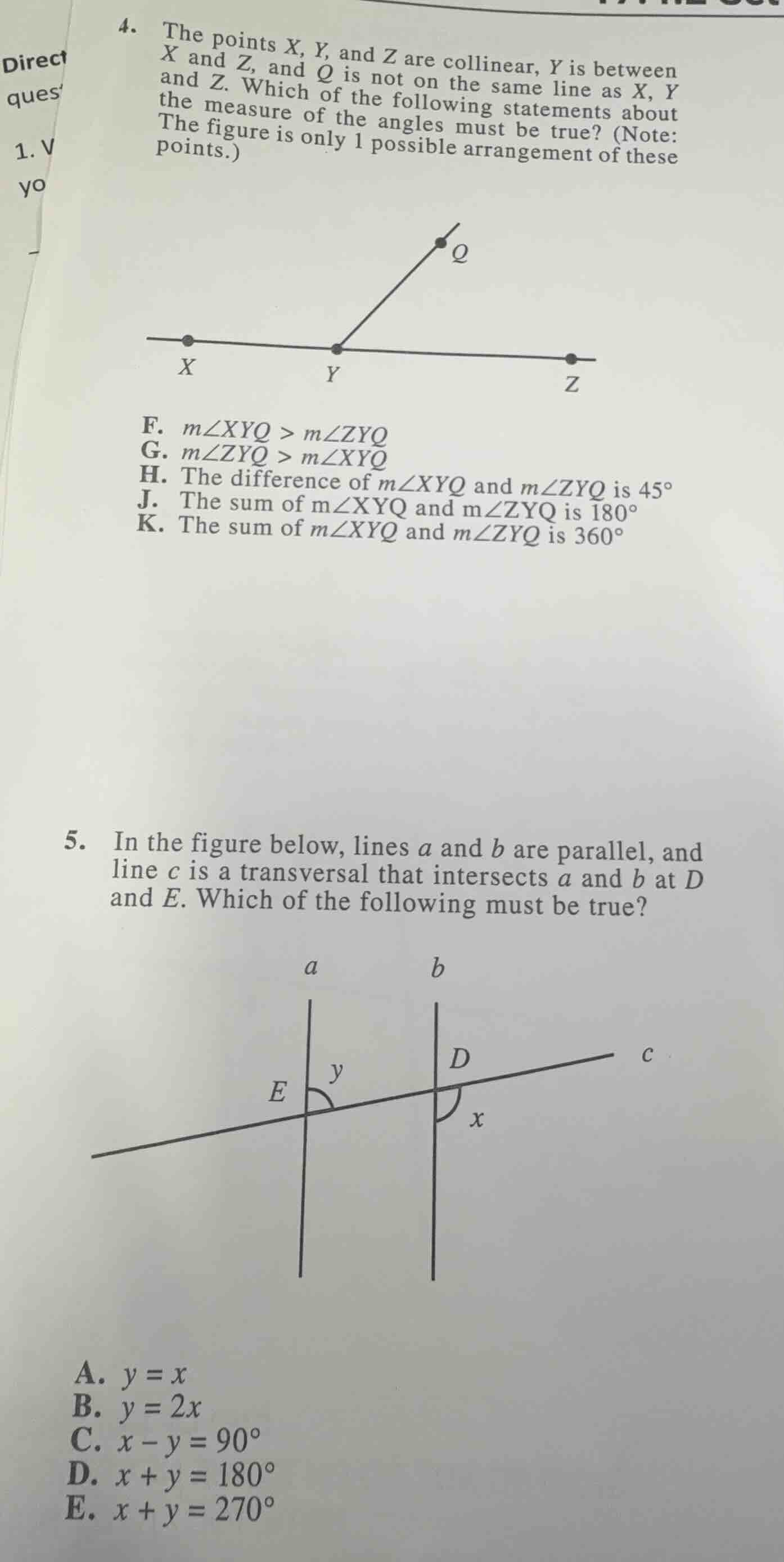 4. the points x, y, and z are collinear, y is between x and z, and q is…