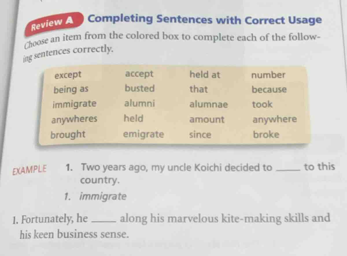 review a completing sentences with correct usage choose an item from th…