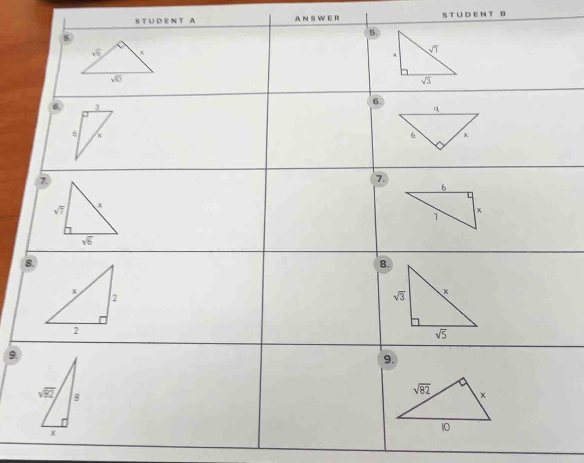 student a | answer | student b 5. right triangle with legs √6, x and hy…