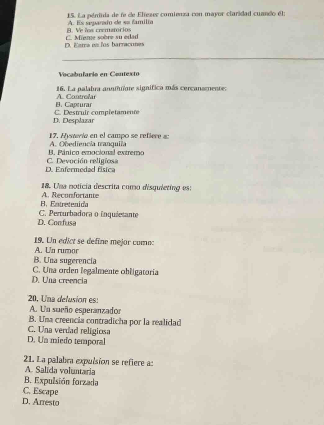 15. la pérdida de fe de eliezer comienza con mayor claridad cuando él: …