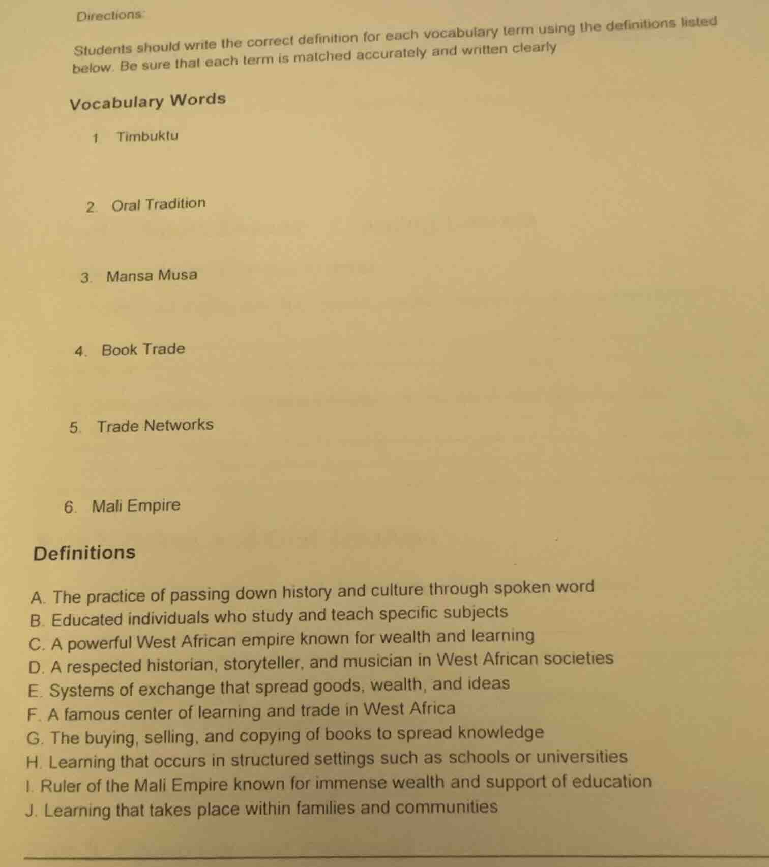 directions: students should write the correct definition for each vocab…