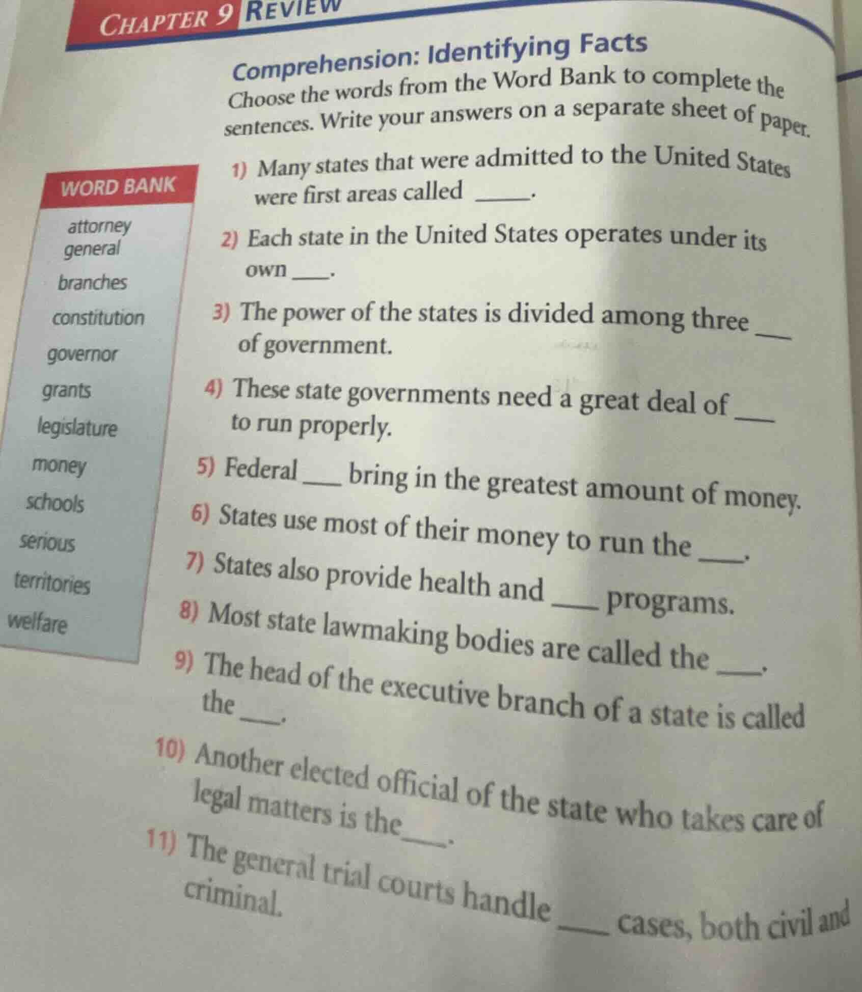 chapter 9 review comprehension: identifying facts choose the words from…