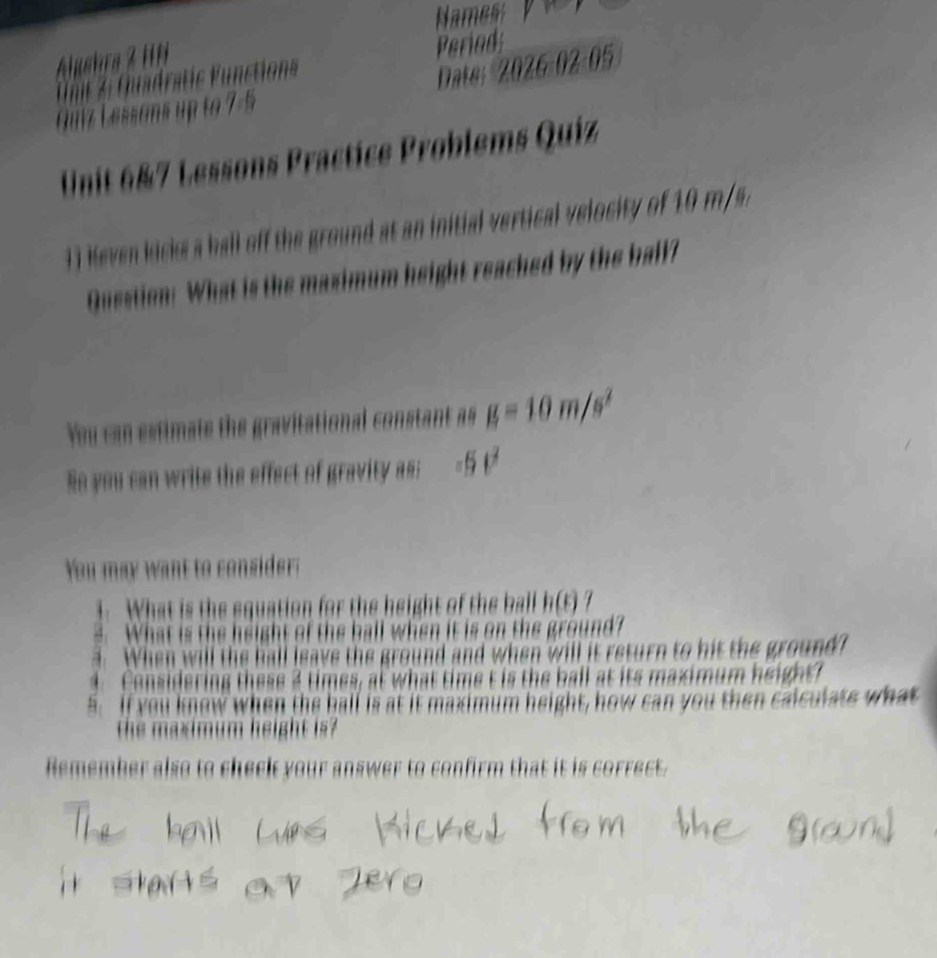 algebra 2 hon unit 6: quadratic functions quiz lessons up to 7.5 name: …