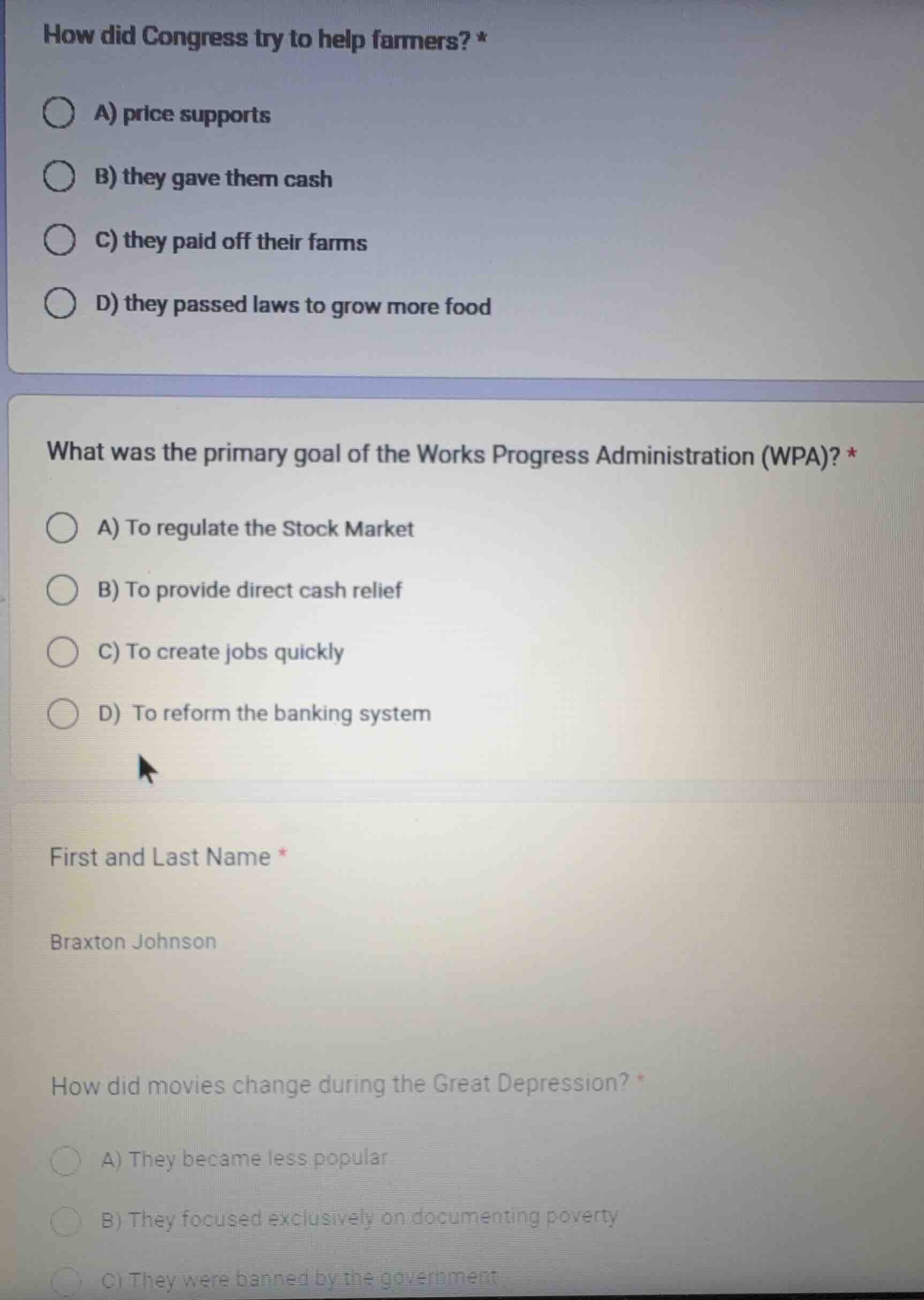 how did congress try to help farmers? * a) price supports b) they gave …