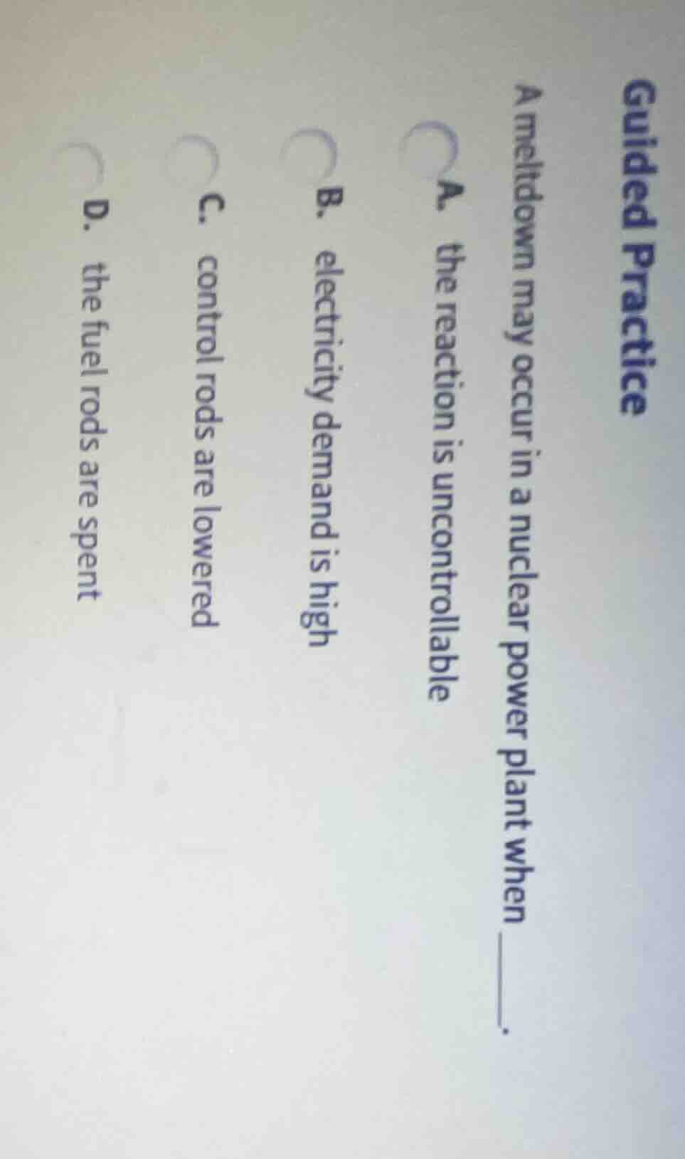 guided practice a meltdown may occur in a nuclear power plant when ____…