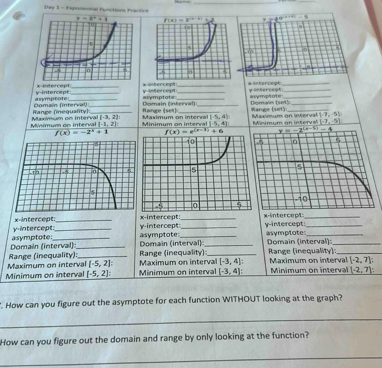 day 1 - exponential functions practice for ( y = 2^x + 1 ): x - interce…