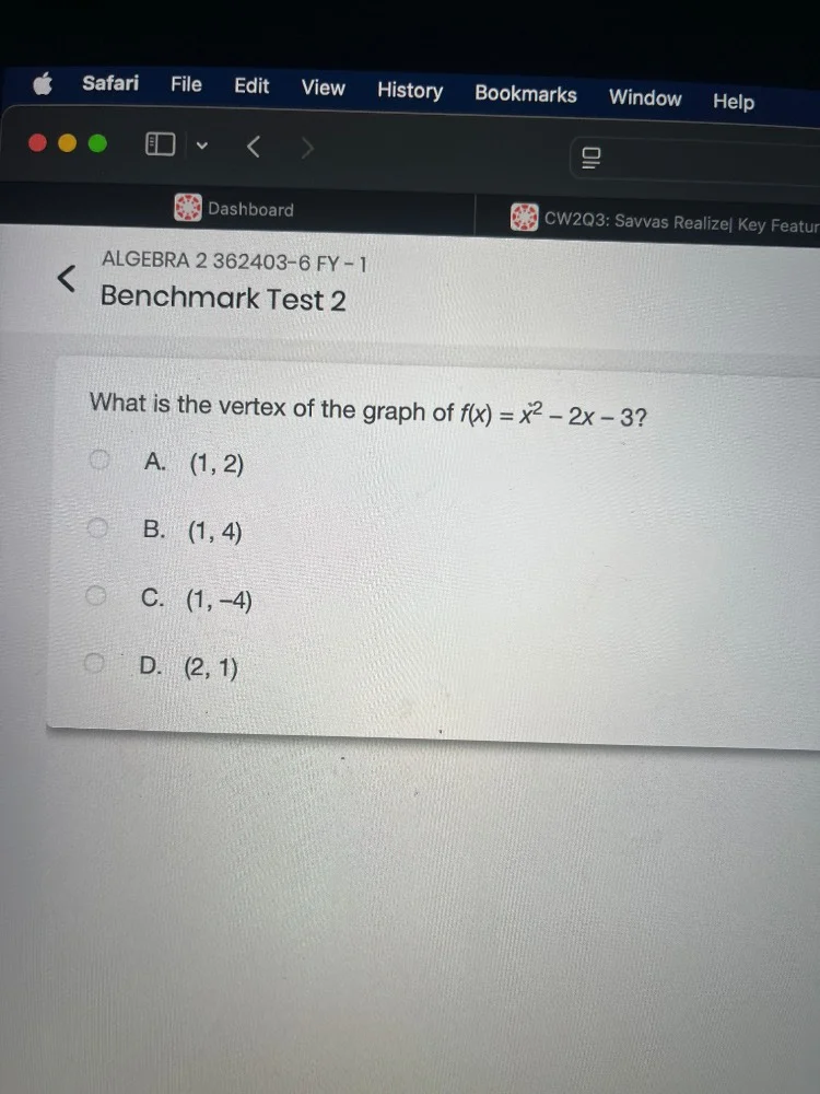 algebra 2 362403-6 fy - 1 benchmark test 2 what is the vertex of the gr…