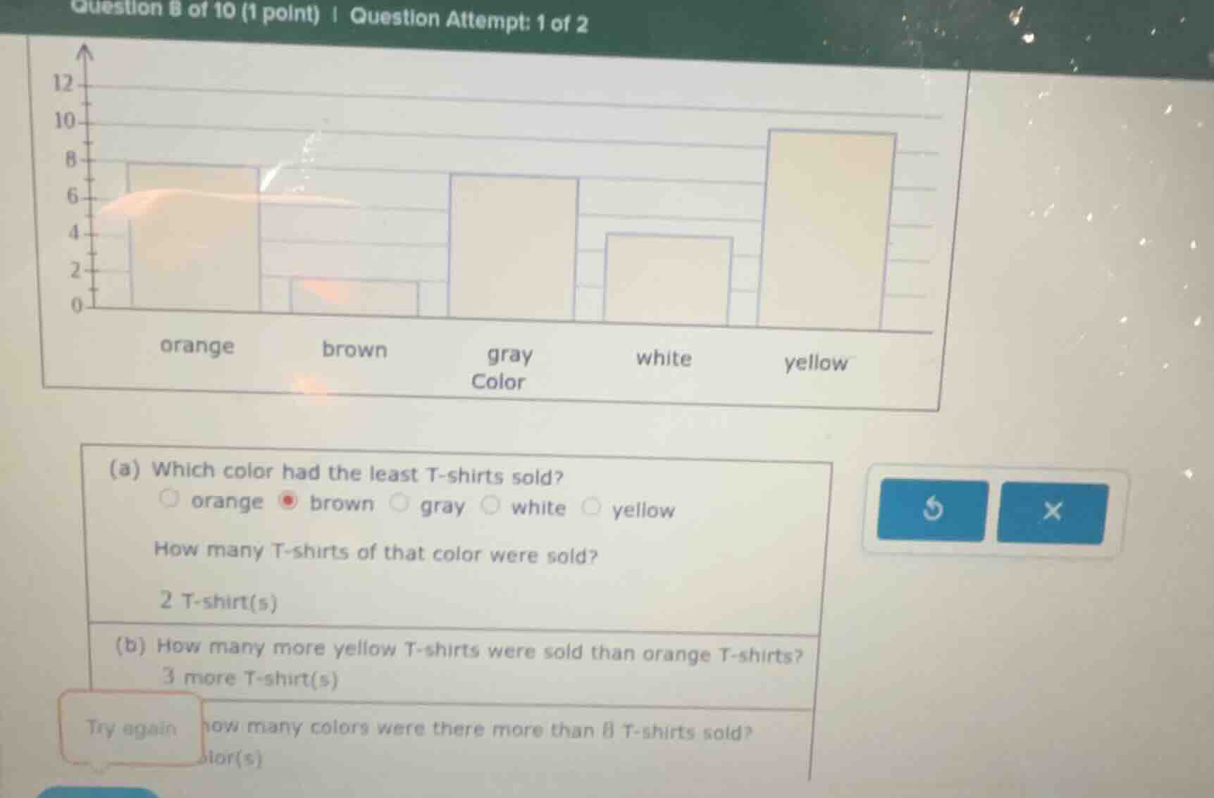 question 8 of 10 (1 point) | question attempt: 1 of 2 (a) which color h…