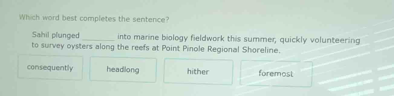 which word best completes the sentence? sahil plunged ______ into marin…