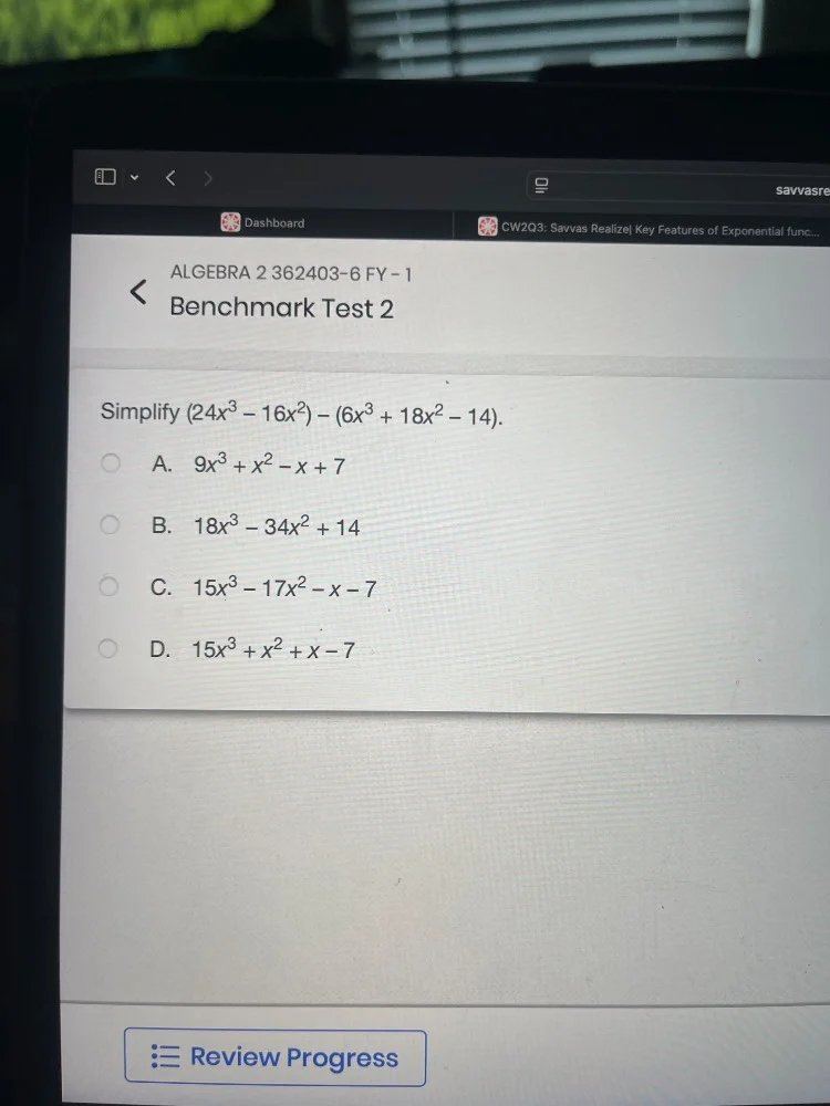simplify ((24x^3 - 16x^2) - (6x^3 + 18x^2 - 14)). a. (9x^3 + x^2 - x + …