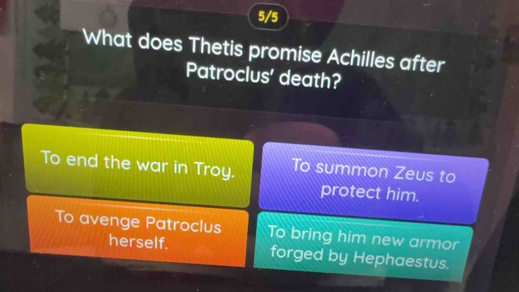 what does thetis promise achilles after patroclus’ death? to end the wa…