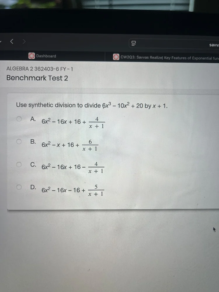 use synthetic division to divide (6x^3 - 10x^2 + 20) by (x + 1). a. (6x…