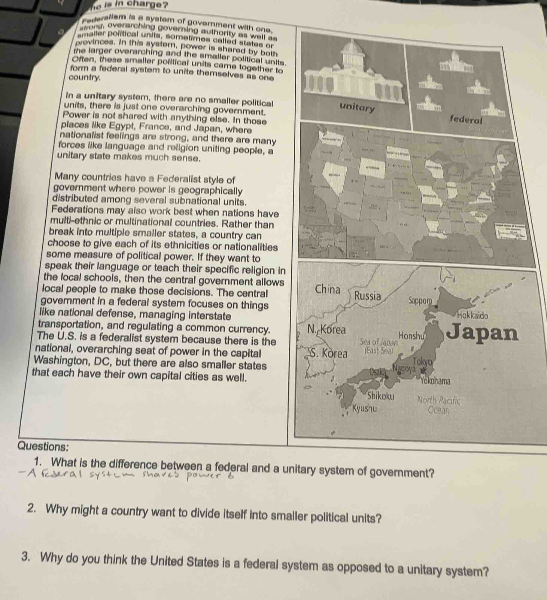 who is in charge? federalism is a system of government with one, strong…