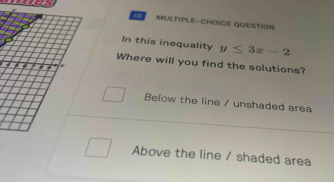 multiple-choice question in this inequality $y \\leq 3x - 2$ where will…